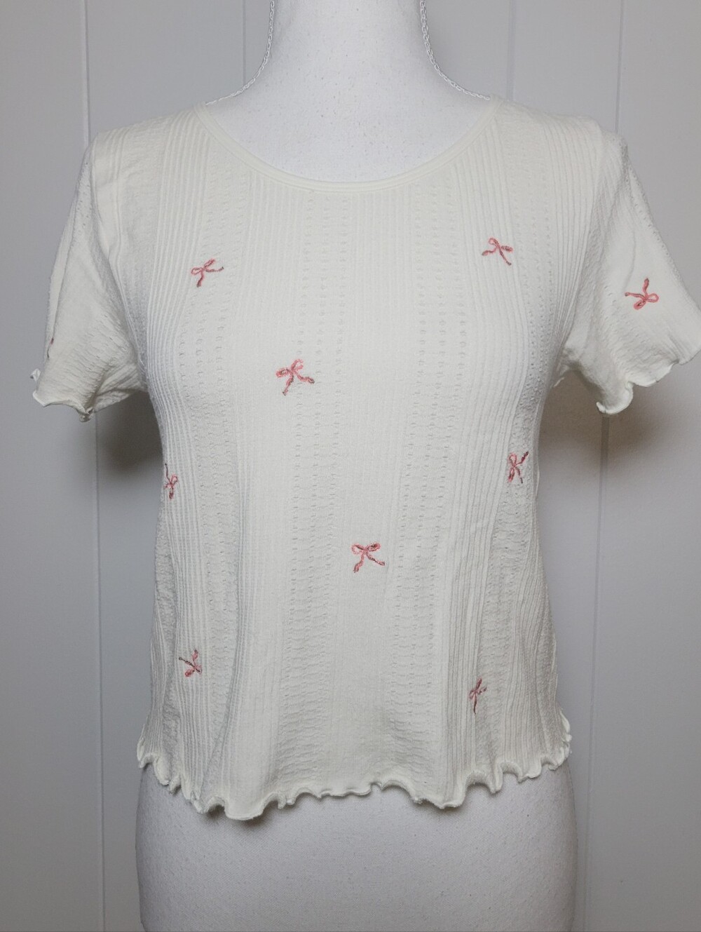 NWT Anthropologie Pointelle Babydoll T Shirt Dainty Embroidered Floral Crop L/XL - Picture 5 of 12